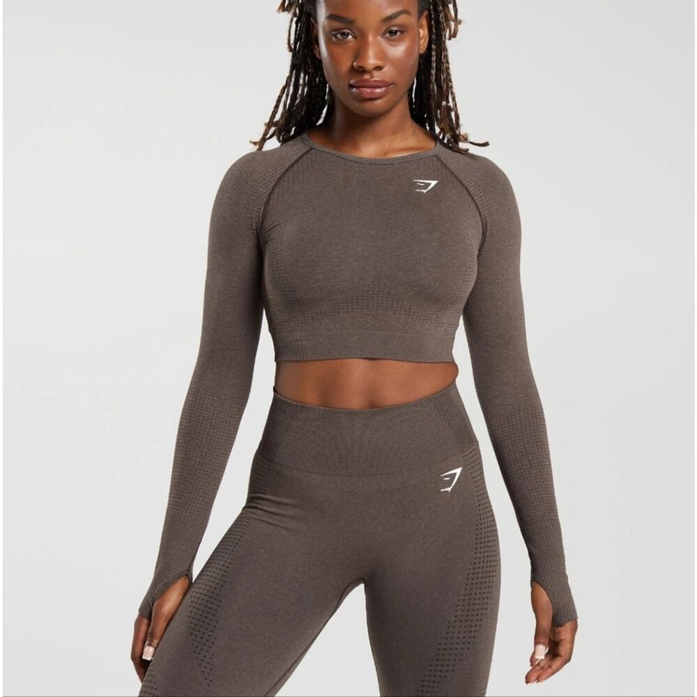 Gymshark Long Sleeve Seamless Crop Top in Brown